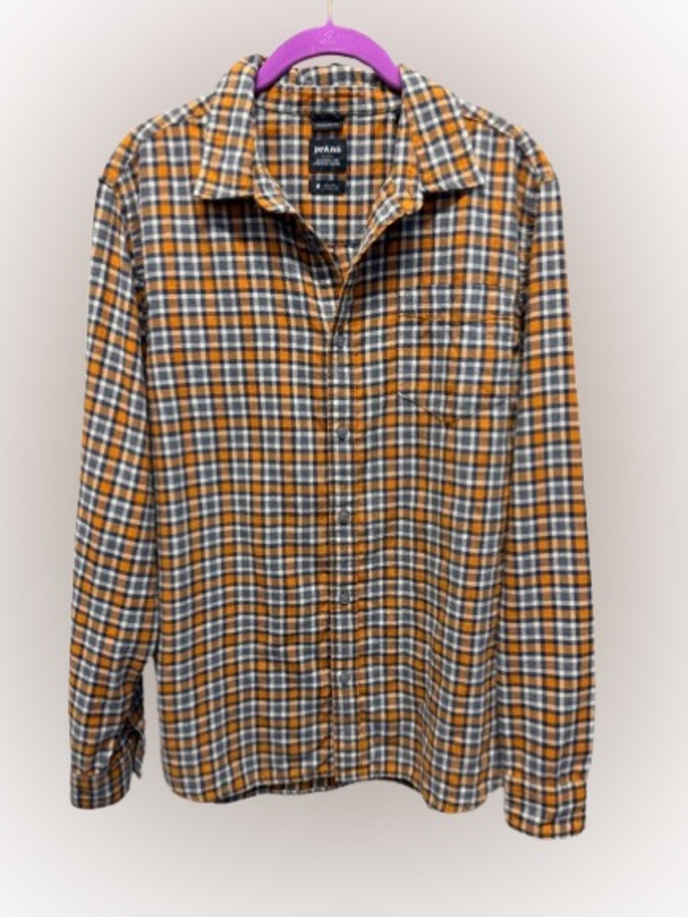 prAna Los Feliz Flannel Shirt Men’s M Orange Plaid Organic Cotton Standard Fit
